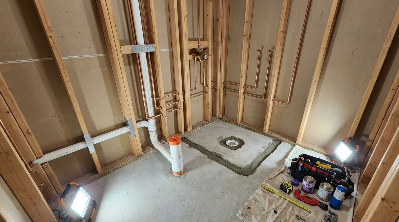 Bathroom rough-in plumbing during remodel by Johns Plumbing LLC in Lytle