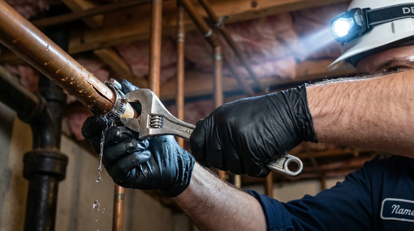 Emergency pipe clamp repair being performed by a Johns Plumbing LLC plumber in Lytle