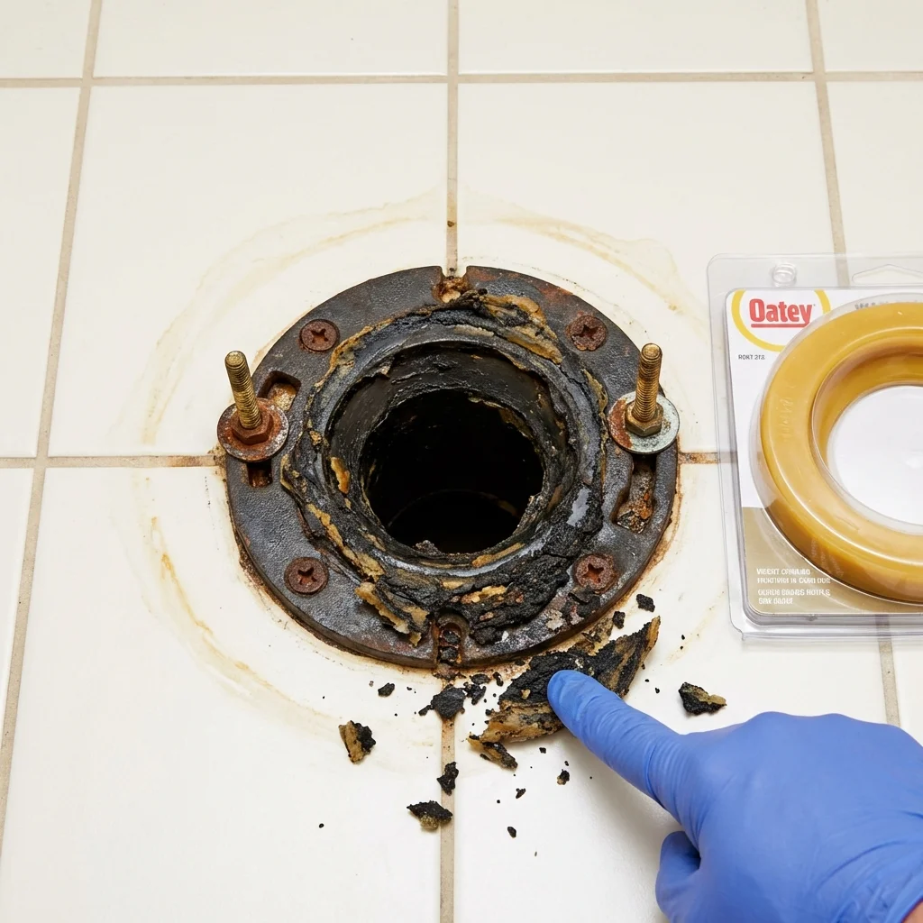 Failed wax ring showing water seepage at the base of a toilet in a Lytle, TX home